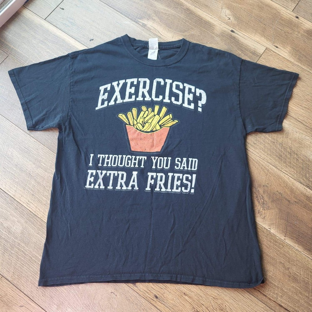 Gildan Heavy Cotton Black Graphic T-Shirt Exercise Extra Fries Mens Large L